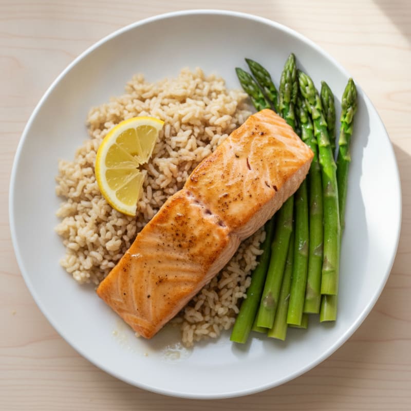 Seared Salmon with Steamed Asparagus and Brown Rice