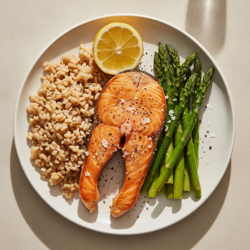 Seared Salmon with Steamed Asparagus and Brown Rice