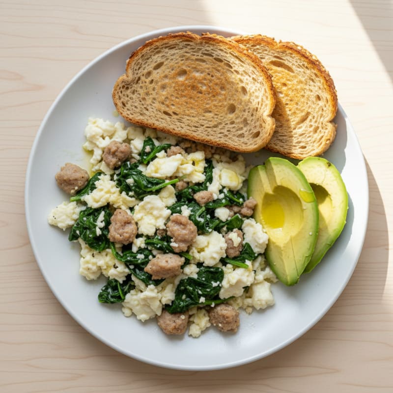 Egg White Scramble with Turkey Sausage and Sautéed Spinach