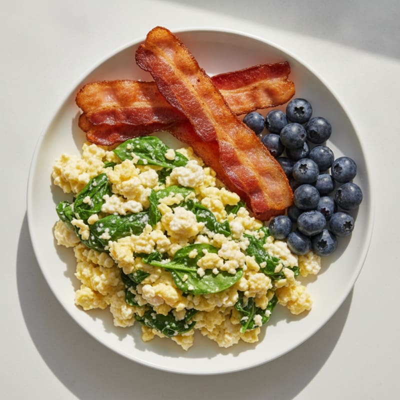 Cottage Cheese Egg Scramble with Spinach and Turkey Bacon