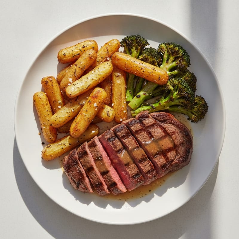Grilled Steak with Herb Roasted Potatoes and Broccoli