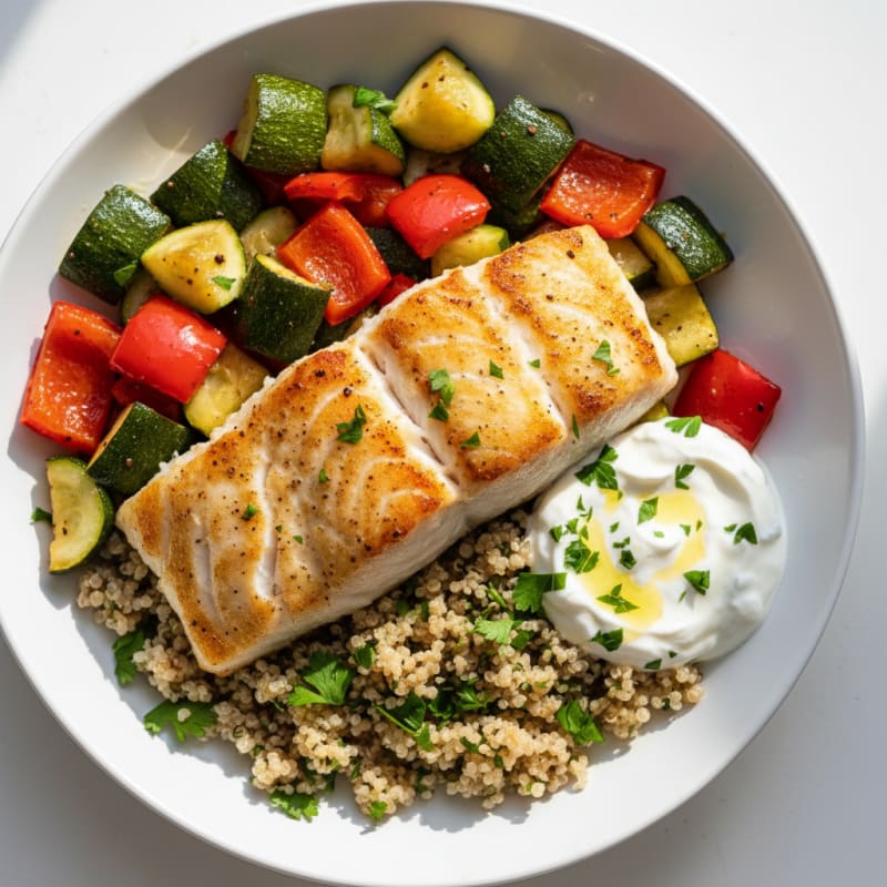 Grilled Fish with Roasted Vegetables and Herb Quinoa