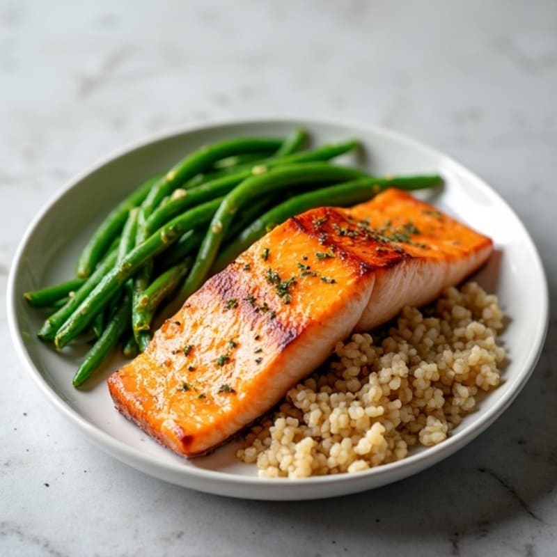 Seared Salmon with Garlic Green Beans and Brown Rice