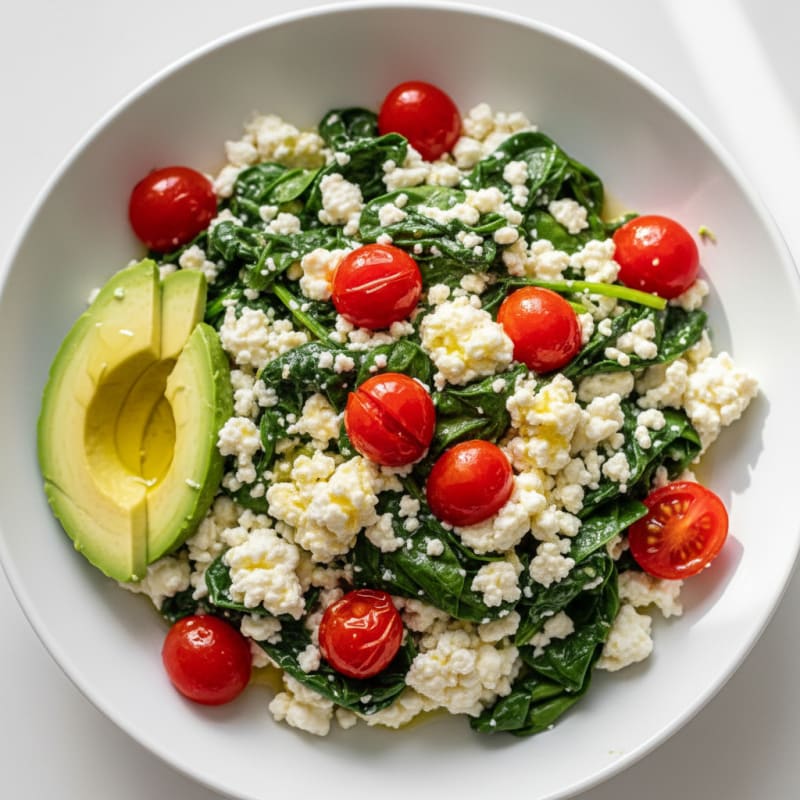 Egg White and Cottage Cheese Scramble with Spinach and Cherry Tomatoes
