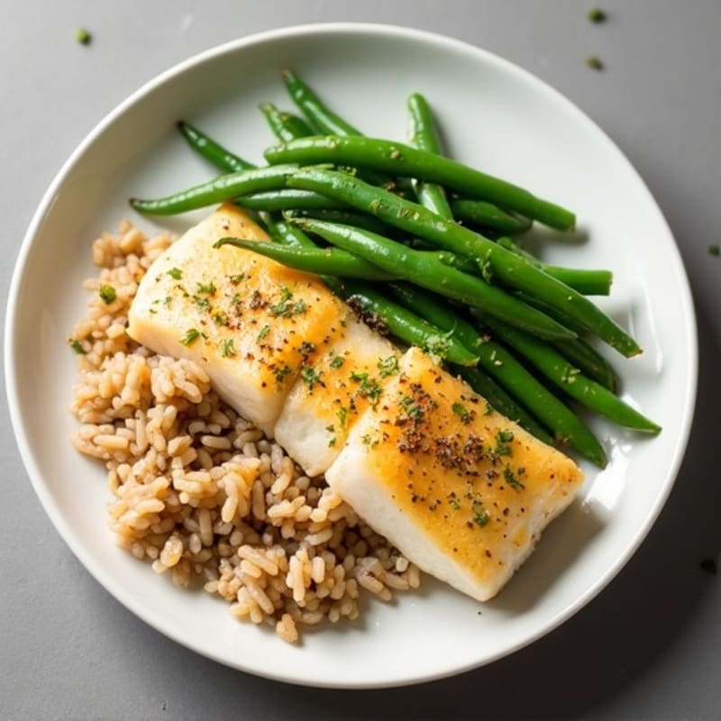 Baked Cod with Lemon-Garlic Green Beans and Brown Rice