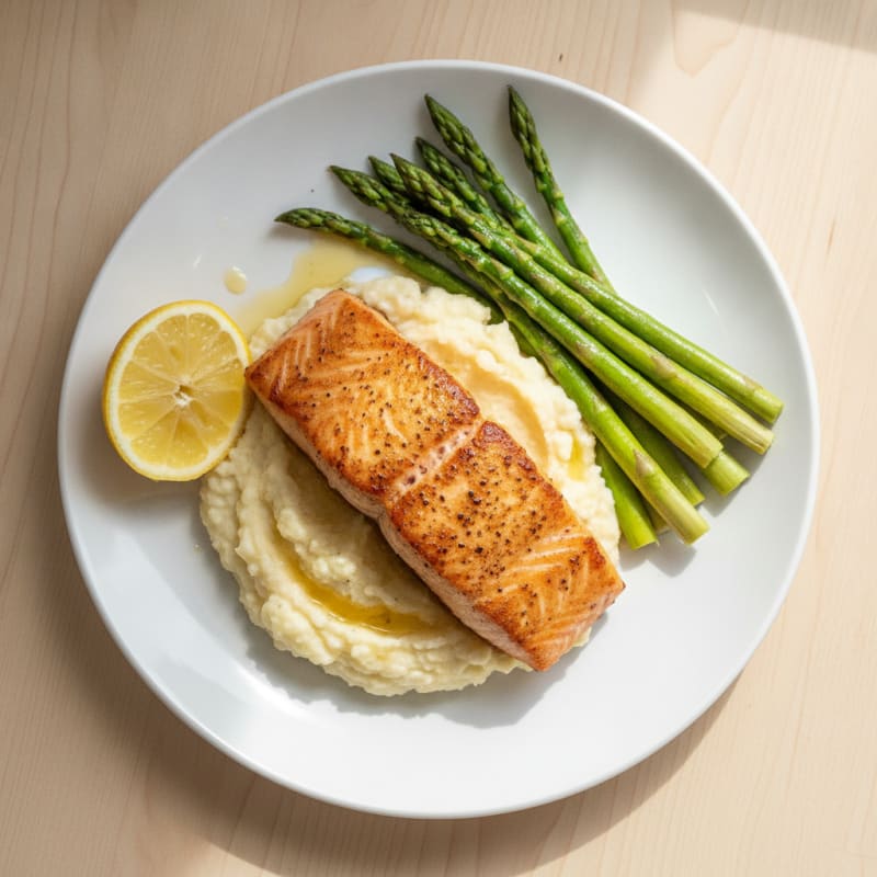 Seared Salmon with Steamed Asparagus and Cauliflower Mash