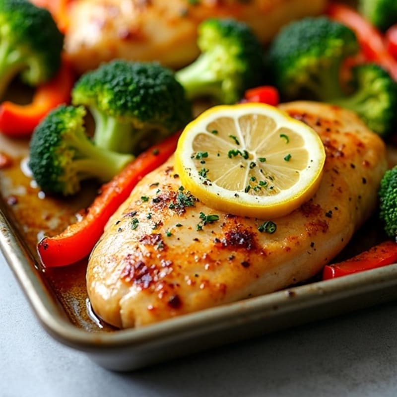 Sheet Pan Lemon Garlic Chicken with Crispy Roasted Broccoli and Bell Peppers