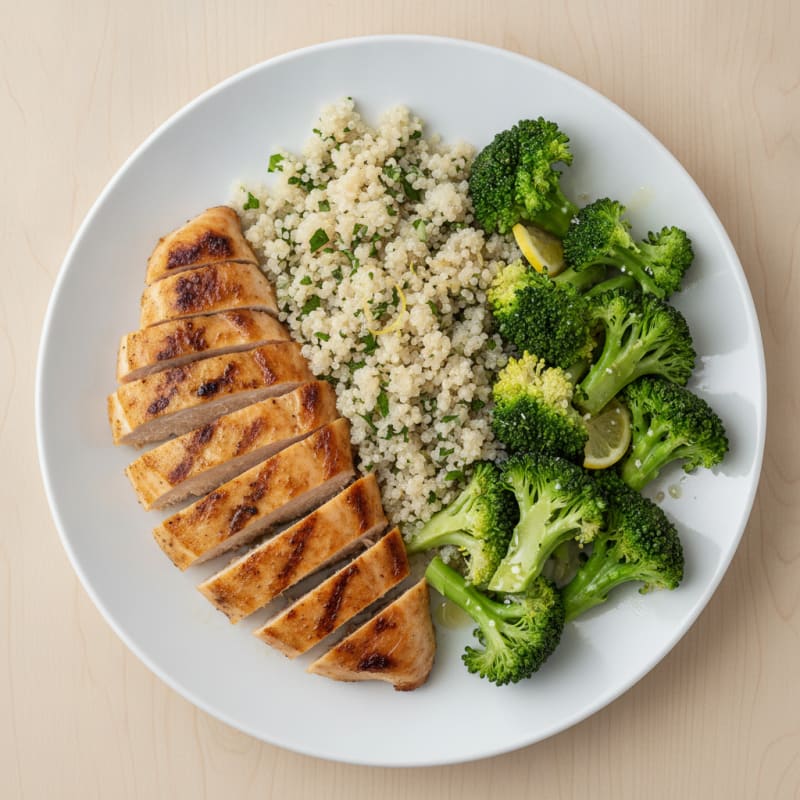 Grilled Chicken Breast with Steamed Broccoli and Quinoa