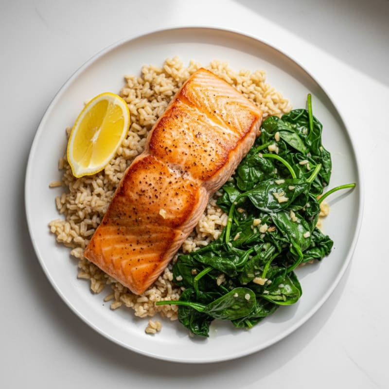 Seared Salmon with Garlic Sautéed Spinach and Brown Rice