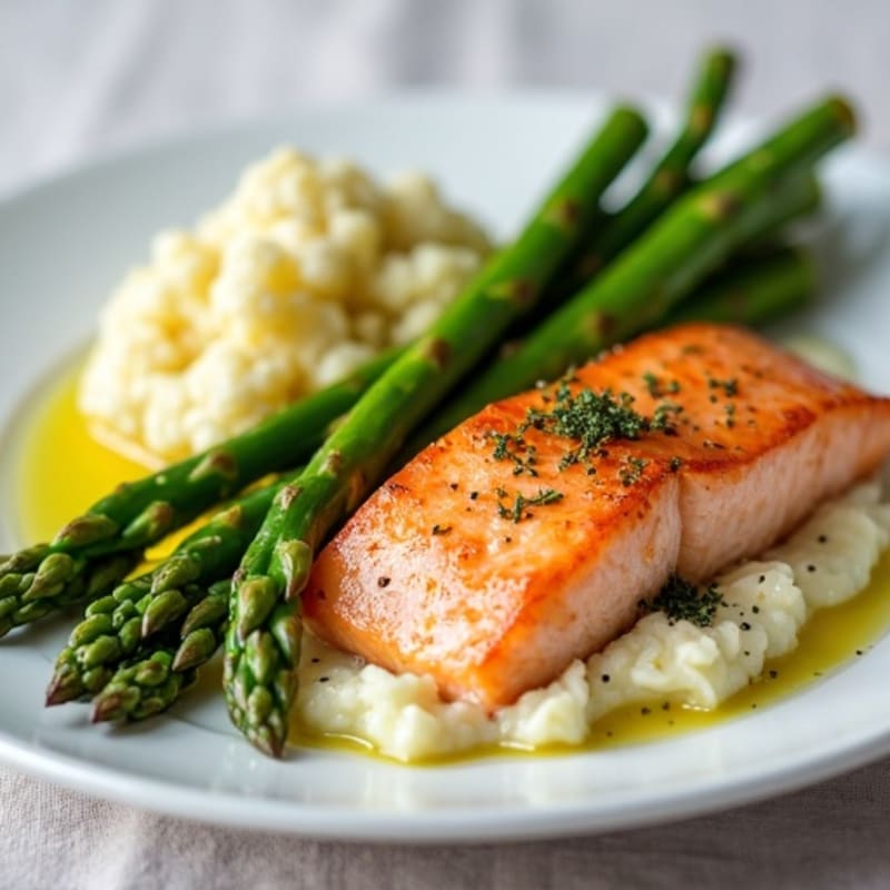 Seared Salmon with Steamed Asparagus and Cauliflower Mash