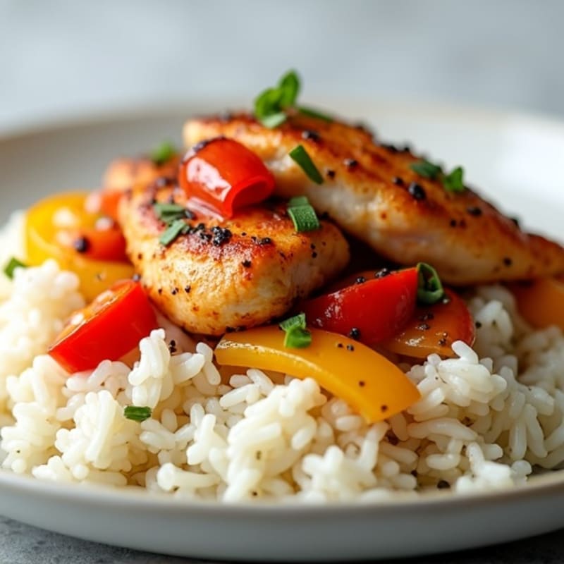 Savory Chicken with Bell Peppers and Onions with Fluffy White Rice