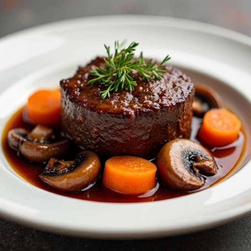 Tender Slow-Cooked Beef with Red Wine Mushrooms and Carrots