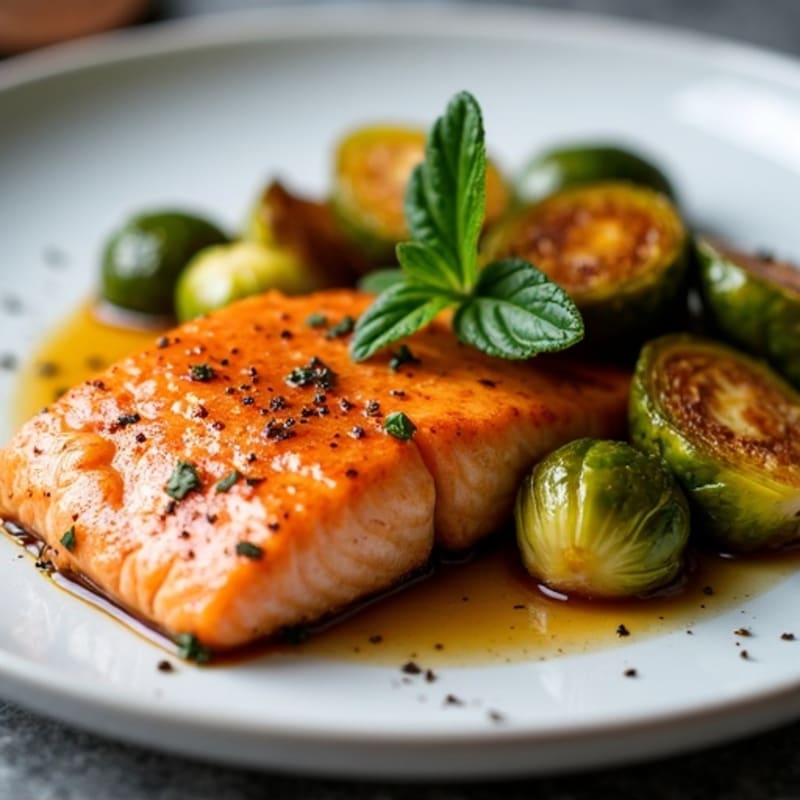 Sweet-Sticky Maple Glazed Salmon with Roasted Brussels
