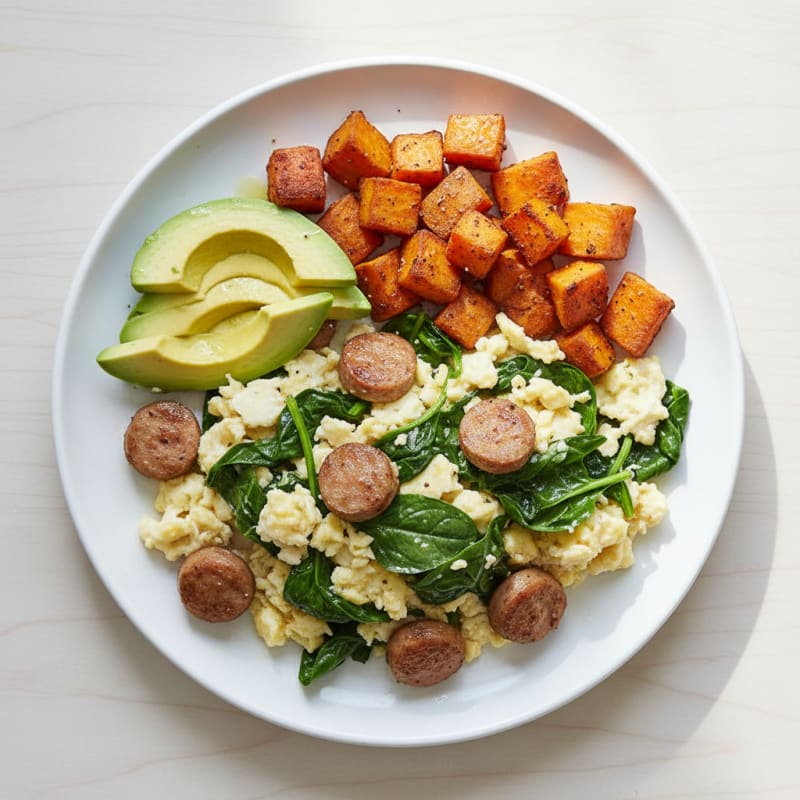 Egg White Scramble with Turkey Sausage and Sautéed Spinach