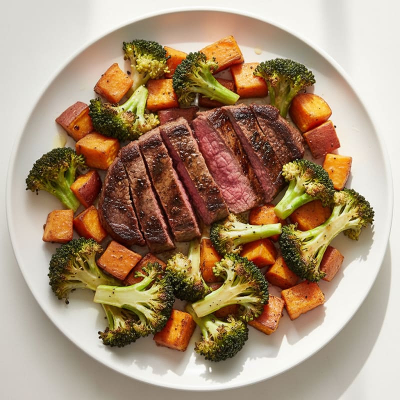 Seared Steak with Roasted Broccoli and Sweet Potato