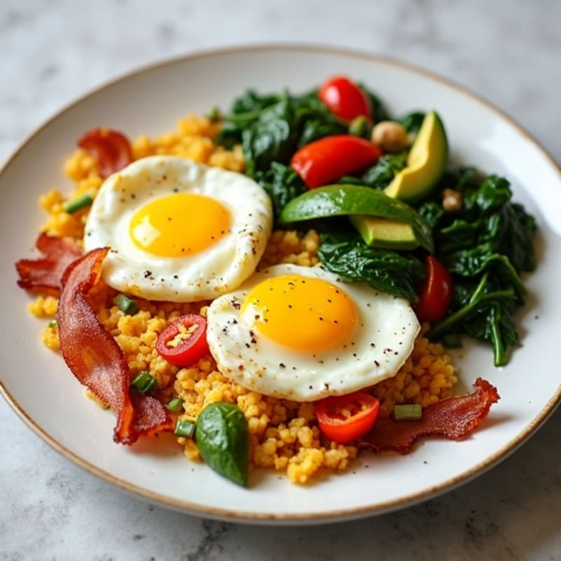 Crispy Turkey Bacon and Egg White Scramble with Sautéed Spinach