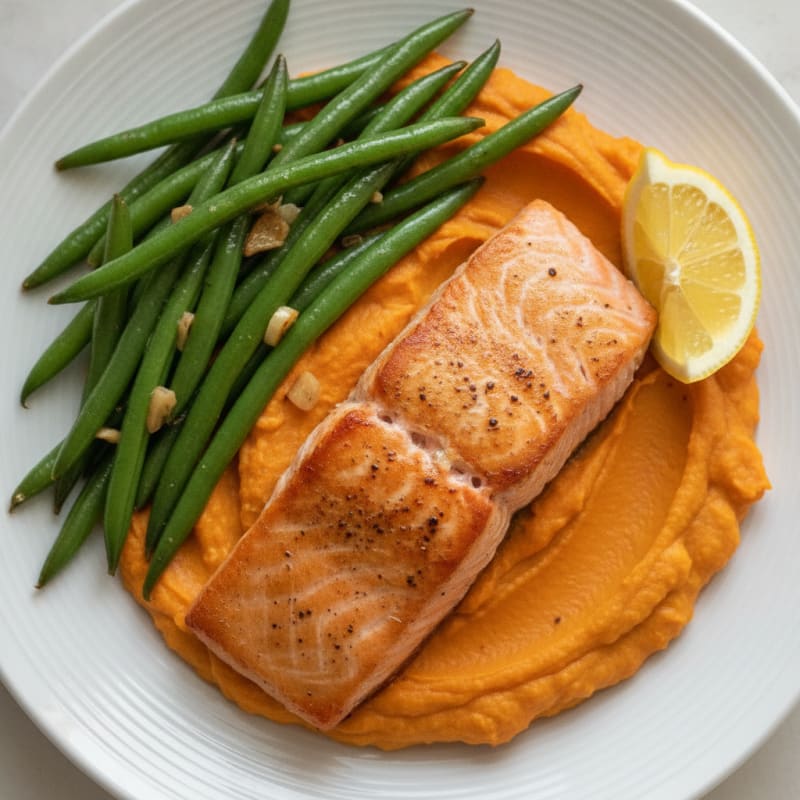 Seared Salmon Fillet with Garlic Green Beans and Sweet Potato Mash