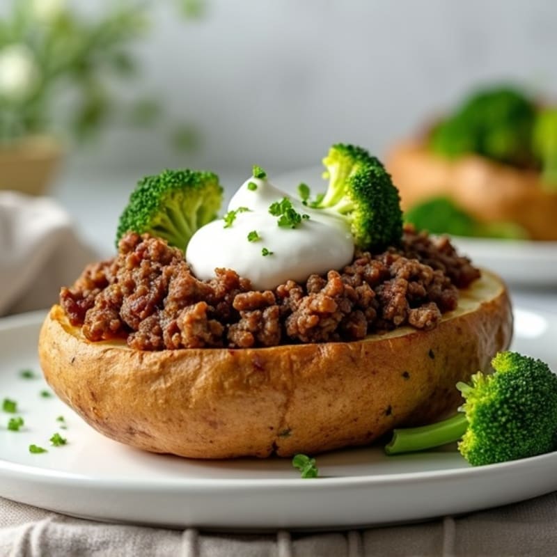 Crispy Baked Potato with Lean Ground Beef, Broccoli, and Creamy Greek Yogurt