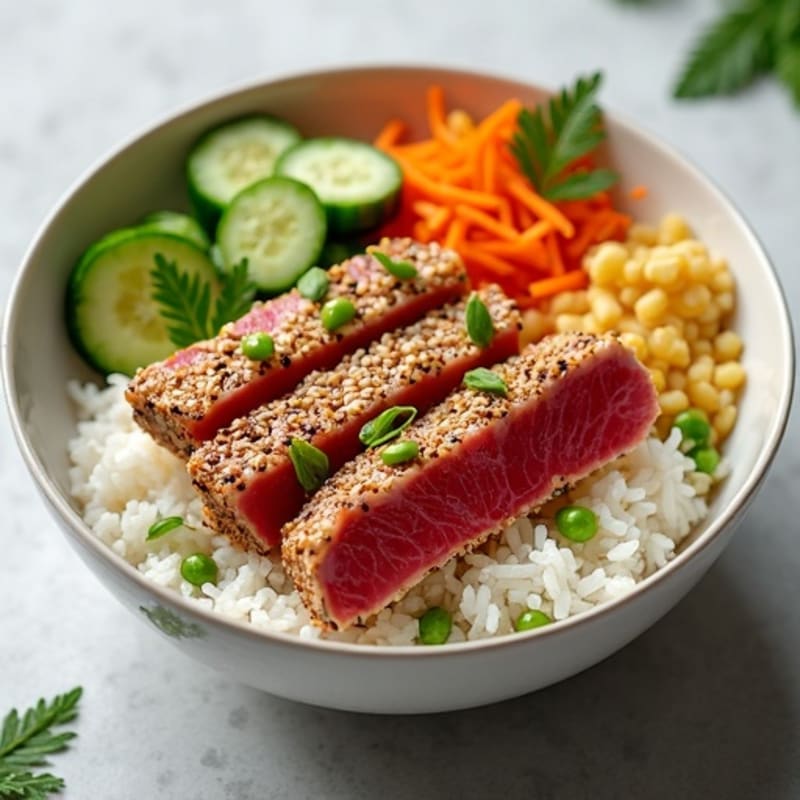Sesame-Crusted Ahi Tuna Rice Bowl with Fresh Vegetables