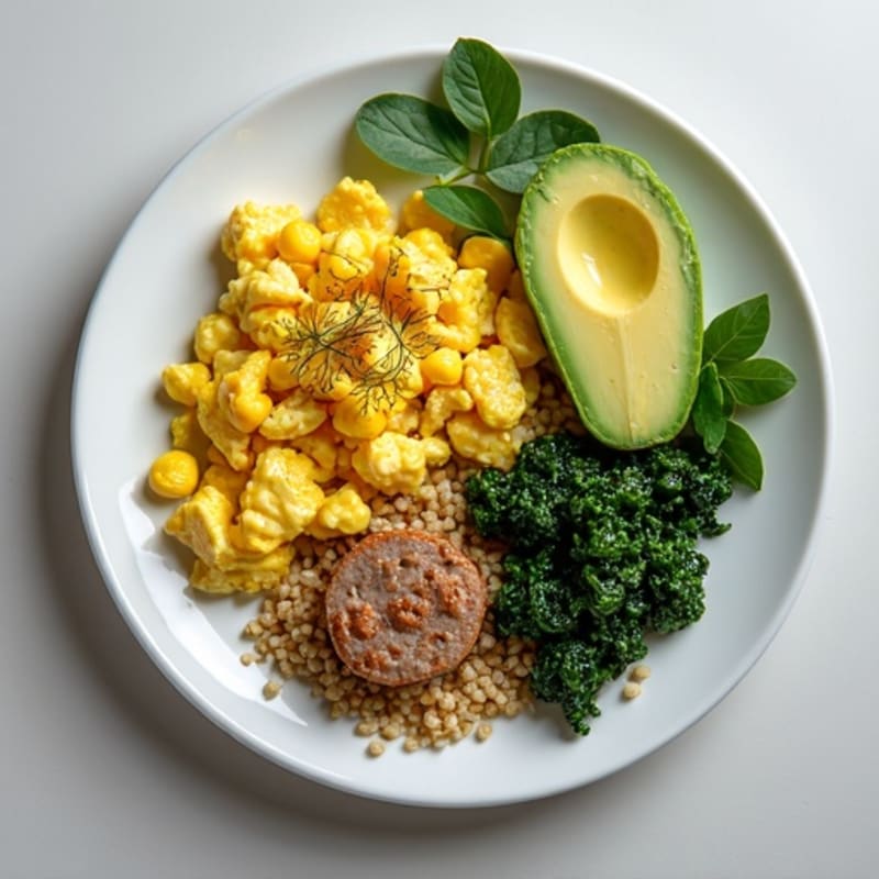 Egg White and Turkey Sausage Scramble with Sautéed Spinach and Quinoa