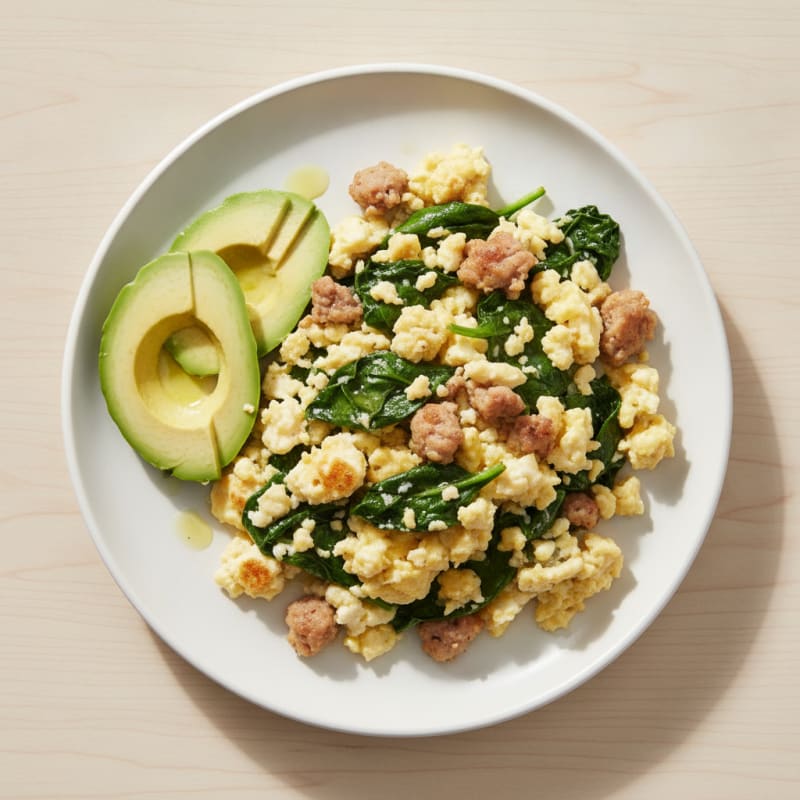 Egg White and Turkey Sausage Scramble with Sautéed Spinach