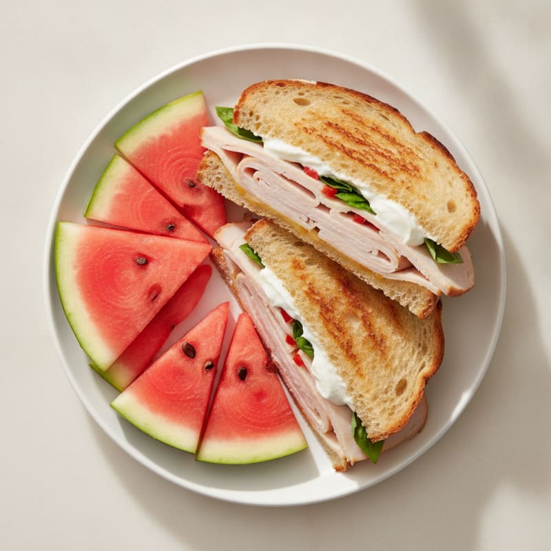 Grilled Turkey Breast and Pepper Jack Sandwich on Sourdough with Watermelon Slices