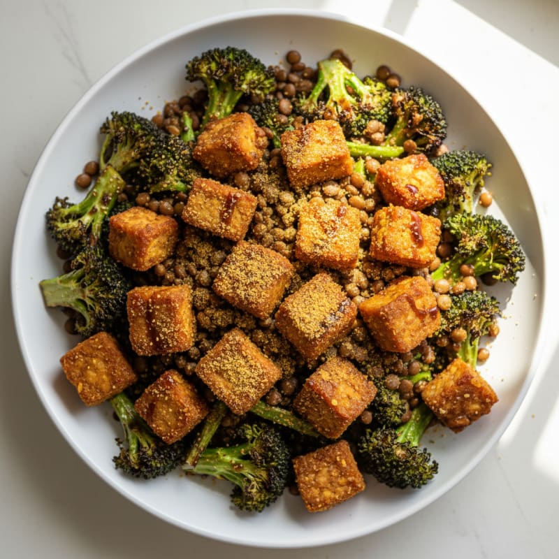 Crispy Tempeh and Lentil Power Bowl with Roasted Broccoli