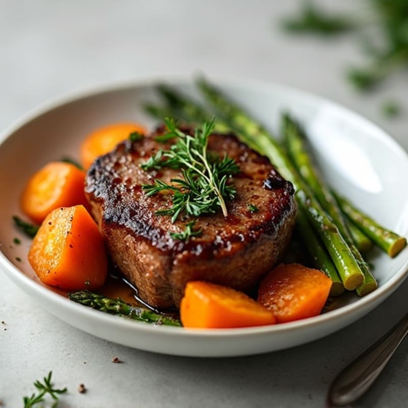Pan-Seared Beef Chuck Roll Steak with Roasted Asparagus and Sweet Potato