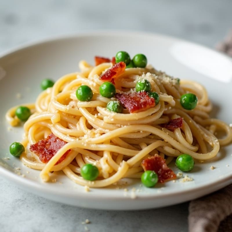Creamy Garlic Whole Wheat Pasta with Crispy Turkey Bacon and Peas