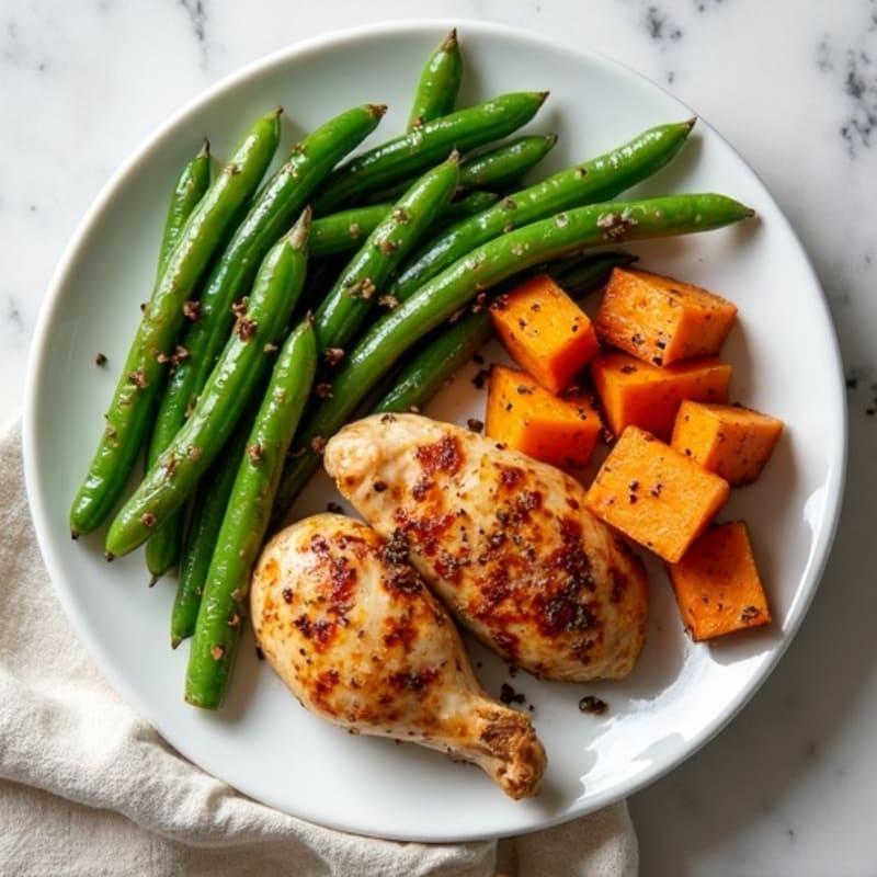 Roasted Chicken with Crispy Green Beans and Sweet Potatoes