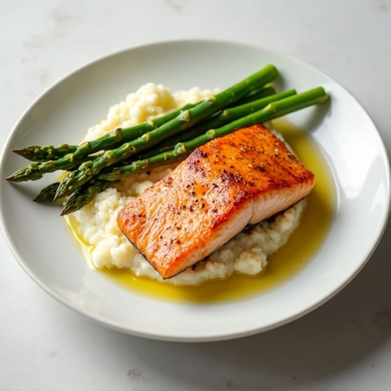 Seared Salmon with Steamed Asparagus and Cauliflower Mash