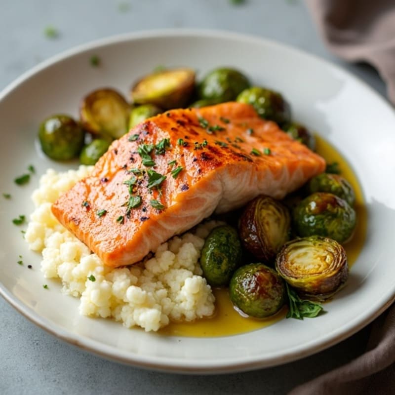 Seared Salmon with Roasted Brussels Sprouts and Cauliflower Mash