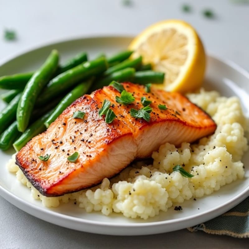 Seared Salmon with Garlic Green Beans and Cauliflower Mash