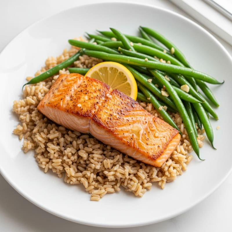 Pan-Seared Salmon with Steamed Brown Rice and Garlic Green Beans