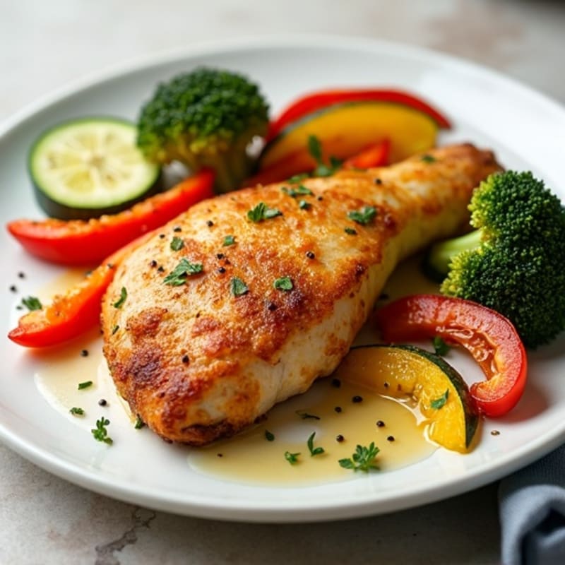 Crispy Lemon Garlic Spiced Chicken with Roasted Vegetables