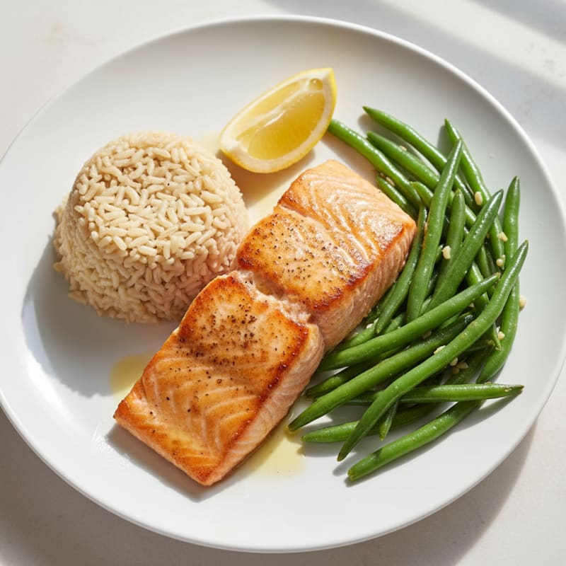 Seared Salmon with Steamed Green Beans and Brown Rice