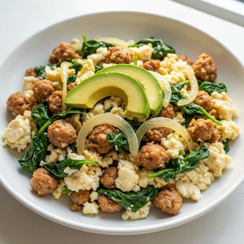 Egg White Scramble with Turkey Sausage and Sautéed Spinach