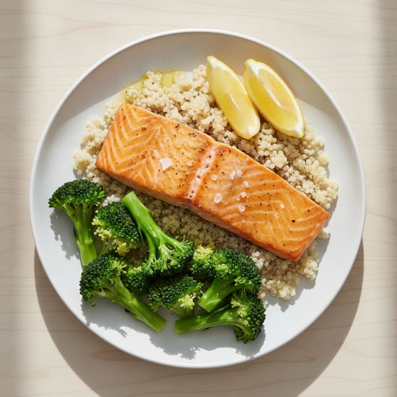 Seared Salmon Fillet with Steamed Broccoli and Quinoa