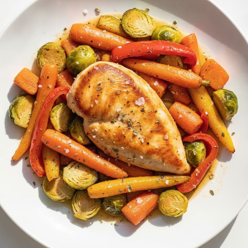 Pan-Seared Chicken with Roasted Root Vegetables and Brussels Sprouts