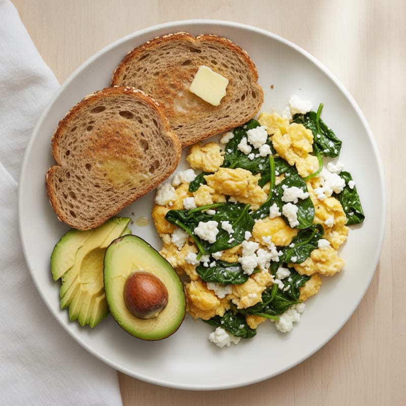 Scrambled Eggs with Cottage Cheese and Sautéed Spinach