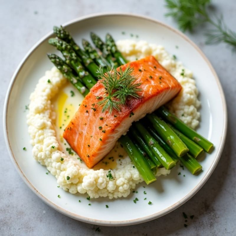 Seared Salmon with Steamed Asparagus and Herb Cauliflower Mash