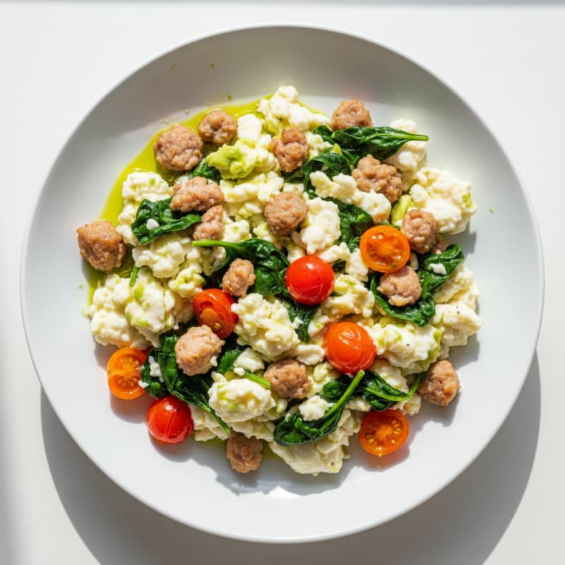 Egg White Spinach Scramble with Turkey Sausage