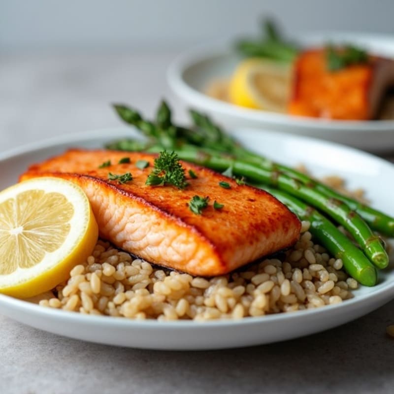 Seared Salmon Fillet with Steamed Asparagus and Brown Rice