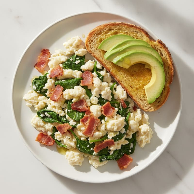 Crispy Turkey Bacon and Egg White Scramble with Sautéed Spinach