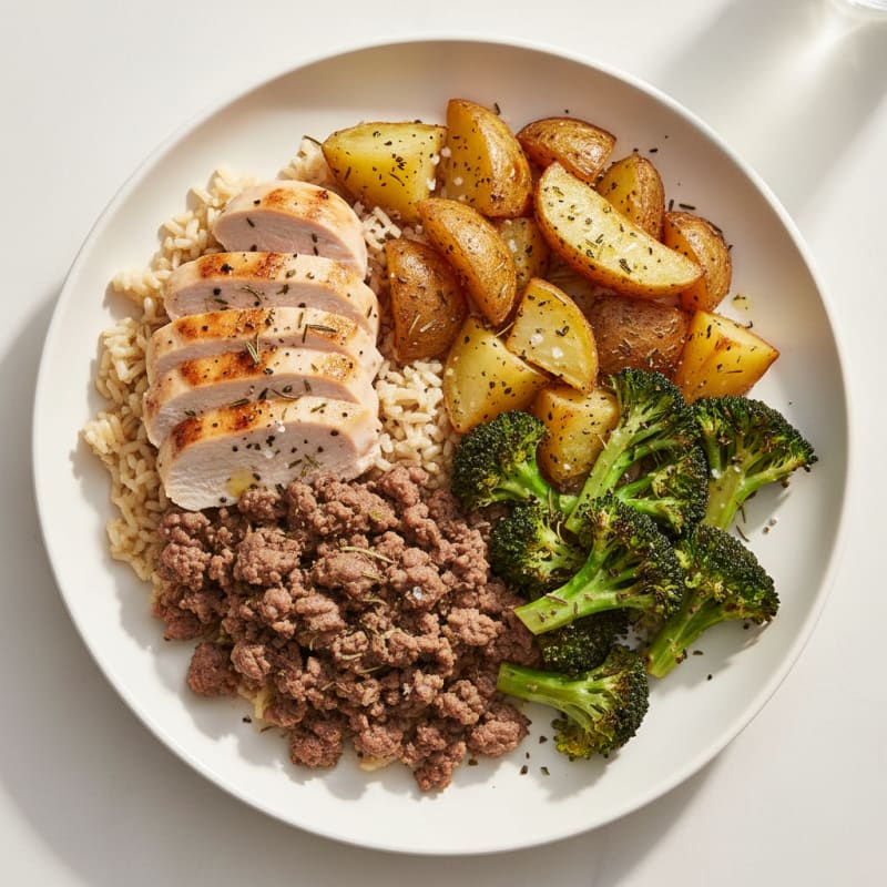Roasted Chicken and Beef with Herbed Potatoes