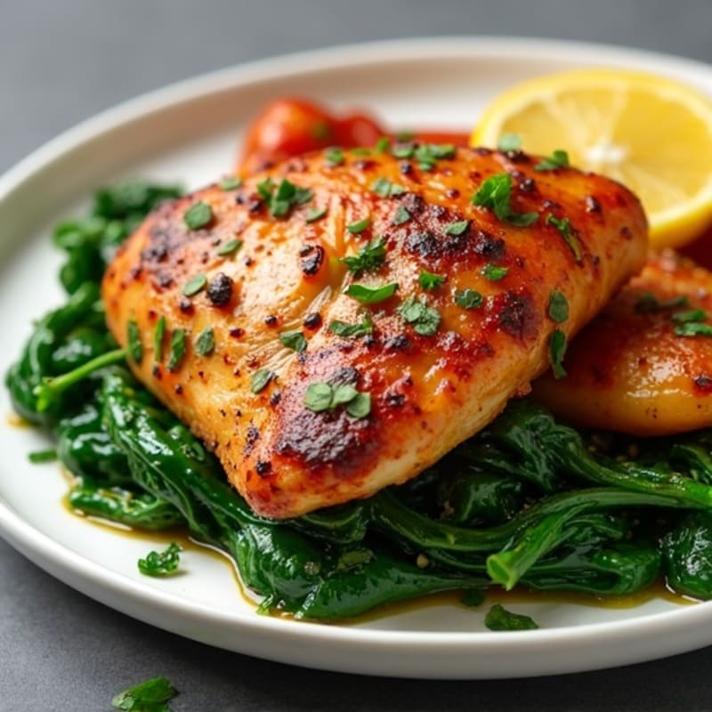 Lemon Herb Pan-Seared Chicken with Roasted Bell Peppers and Spinach