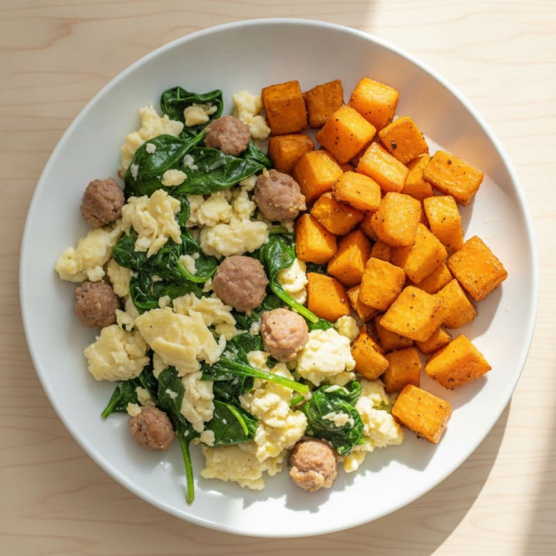 Egg White and Turkey Sausage Scramble with Spinach and Roasted Sweet Potato