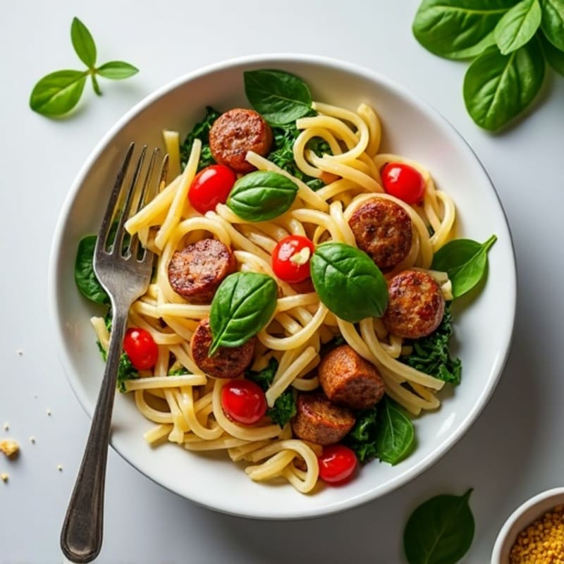 Spinach Pasta with Lean Chicken Sausage and Roasted Bell Peppers