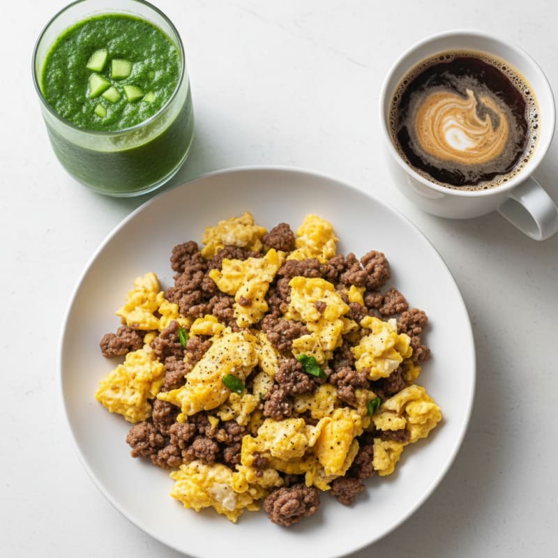 Savory Beef and Egg Scramble with Green Smoothie