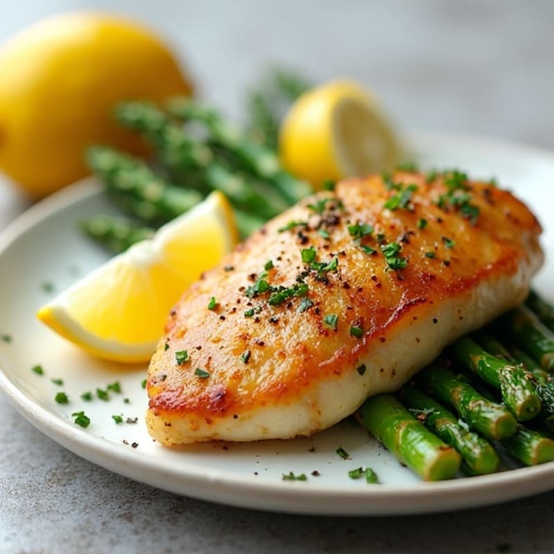 Lemon Garlic Pan-Seared Chicken Breast with Roasted Asparagus